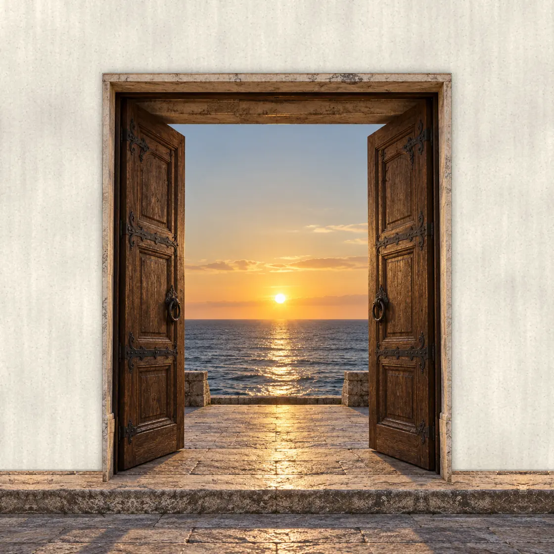 Puerta de dos hojas de madera en un marco fino de piedra, en un muro encalado; abierta, da al mar, con el sol poniéndose sobre el horizonte