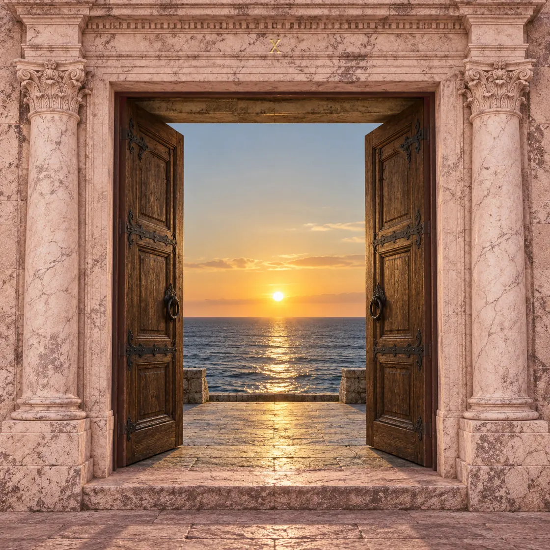 Puerta de dos hojas de madera en un portal de mármol rosa con columnas; abierta, da al mar, con el sol poniéndose sobre el horizonte