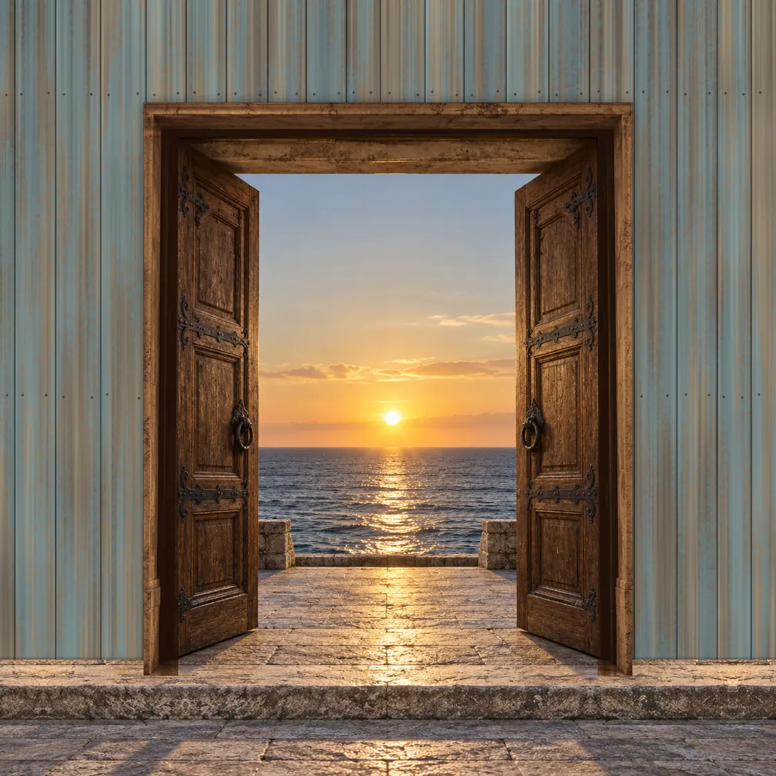 Puerta de dos hojas de madera en un marco fino de madera, en una pared de tablas pintadas de azul; abierta, da al mar, con el sol poniéndose sobre el horizonte