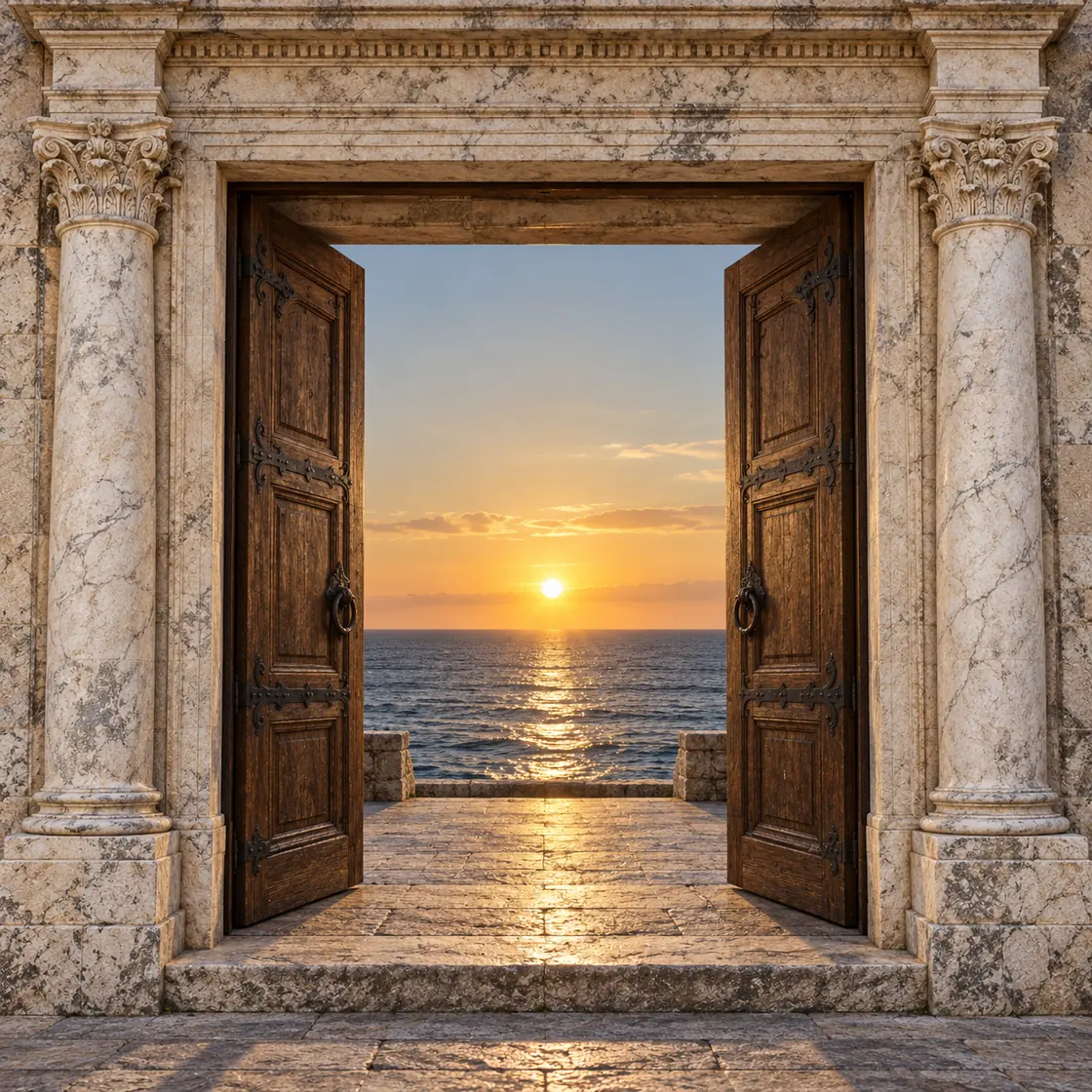 Puerta de dos hojas de madera en un portal de mármol con columnas; abierta, da al mar, con el sol poniéndose sobre el horizonte