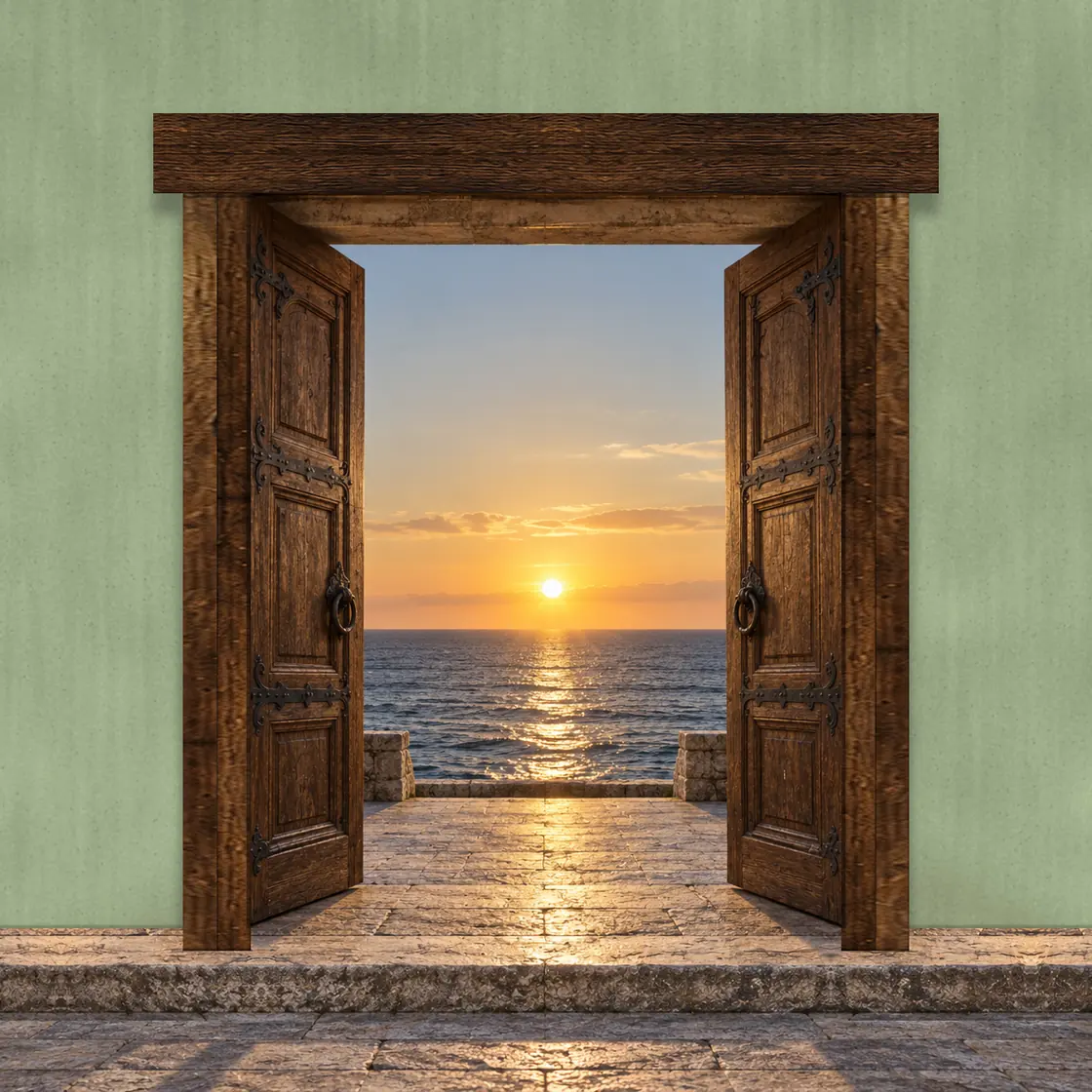 Puerta de dos hojas de madera en un marco de vigas de madera, en un muro verde; abierta, da al mar, con el sol poniéndose sobre el horizonte