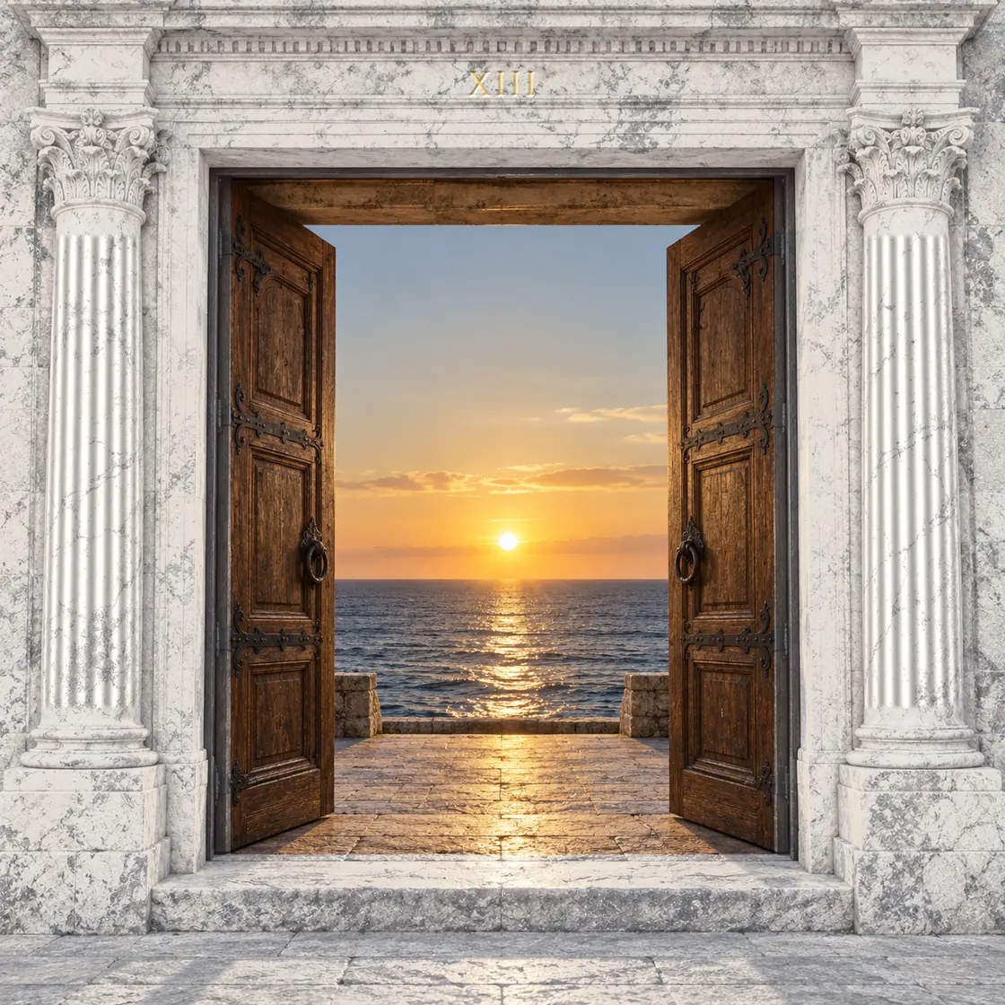 Puerta de dos hojas de madera en un portal de mármol blanco con columnas estriadas; abierta, da al mar, con el sol poniéndose sobre el horizonte
