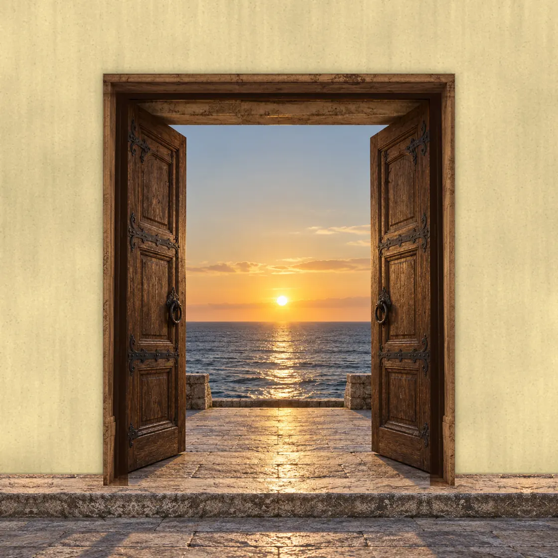 Puerta de dos hojas de madera en un marco fino de madera, en un muro de color crema; abierta, da al mar, con el sol poniéndose sobre el horizonte