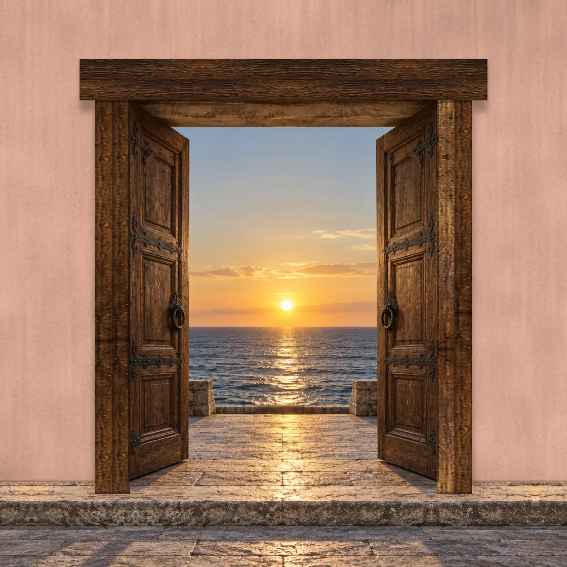 Puerta de dos hojas de madera en un marco de vigas de madera, en un muro rosa; abierta, da al mar, con el sol poniéndose sobre el horizonte