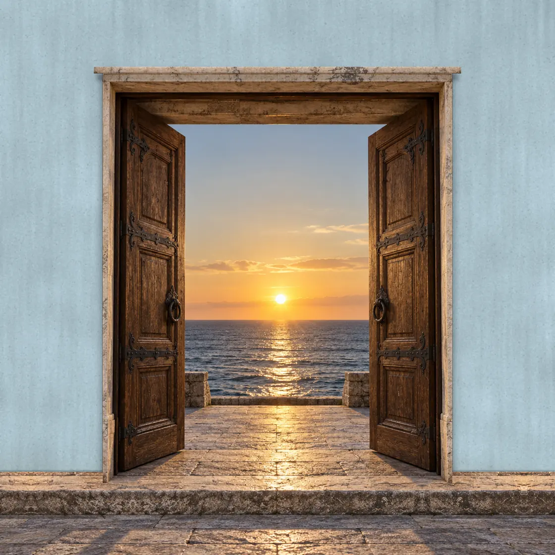 Puerta de dos hojas de madera en un marco fino de piedra con cornisa, en un muro celeste; abierta, da al mar, con el sol poniéndose sobre el horizonte