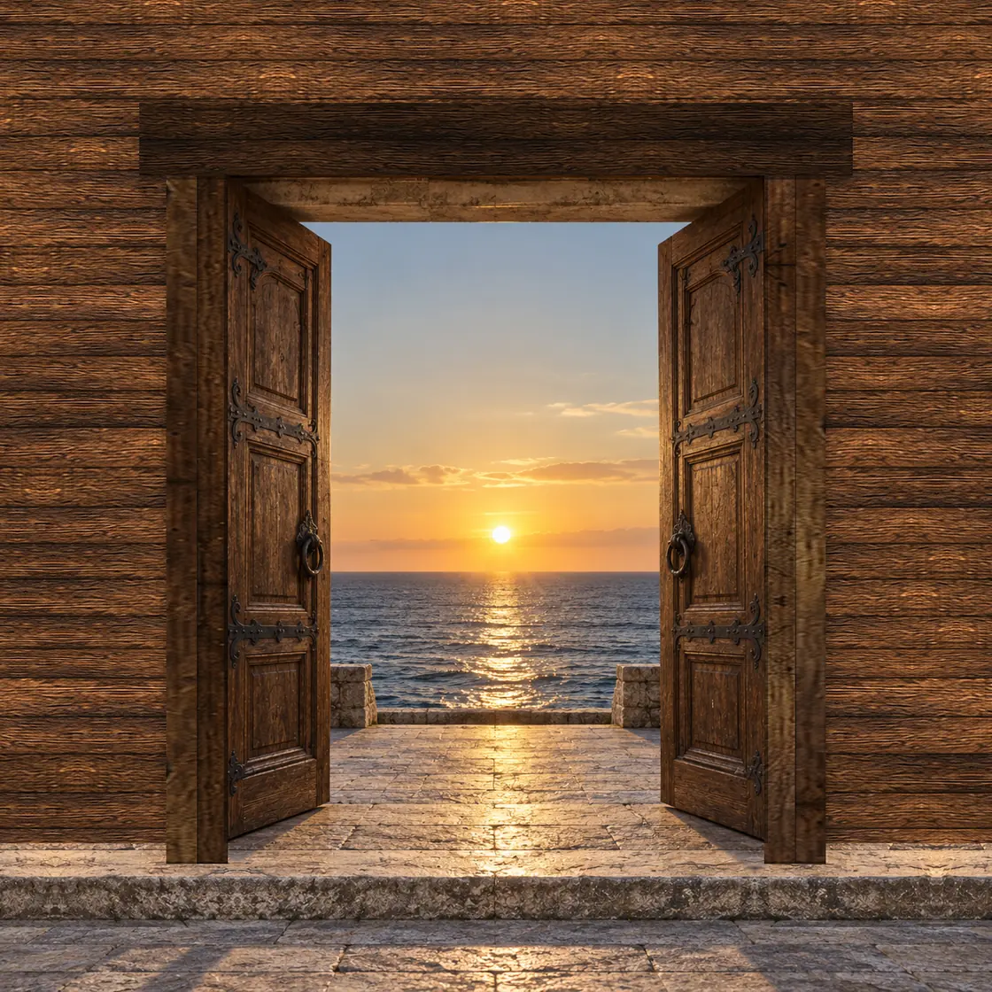 Puerta de dos hojas de madera en un marco de vigas, en una pared de tablas de madera; abierta, da al mar, con el sol poniéndose sobre el horizonte