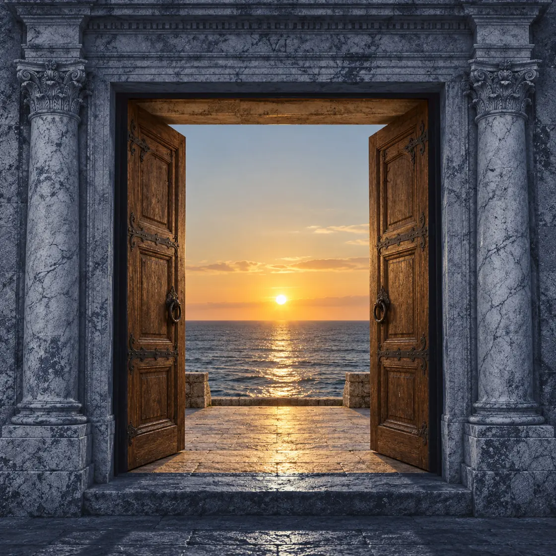 Puerta de dos hojas de madera en un portal de piedra azul oscura con columnas; abierta, da al mar, con el sol poniéndose sobre el horizonte