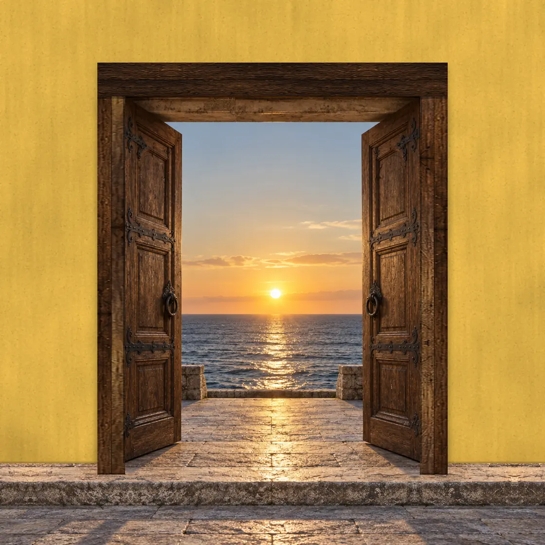 Puerta de dos hojas de madera en un marco de vigas de madera, en un muro amarillo; abierta, da al mar, con el sol poniéndose sobre el horizonte