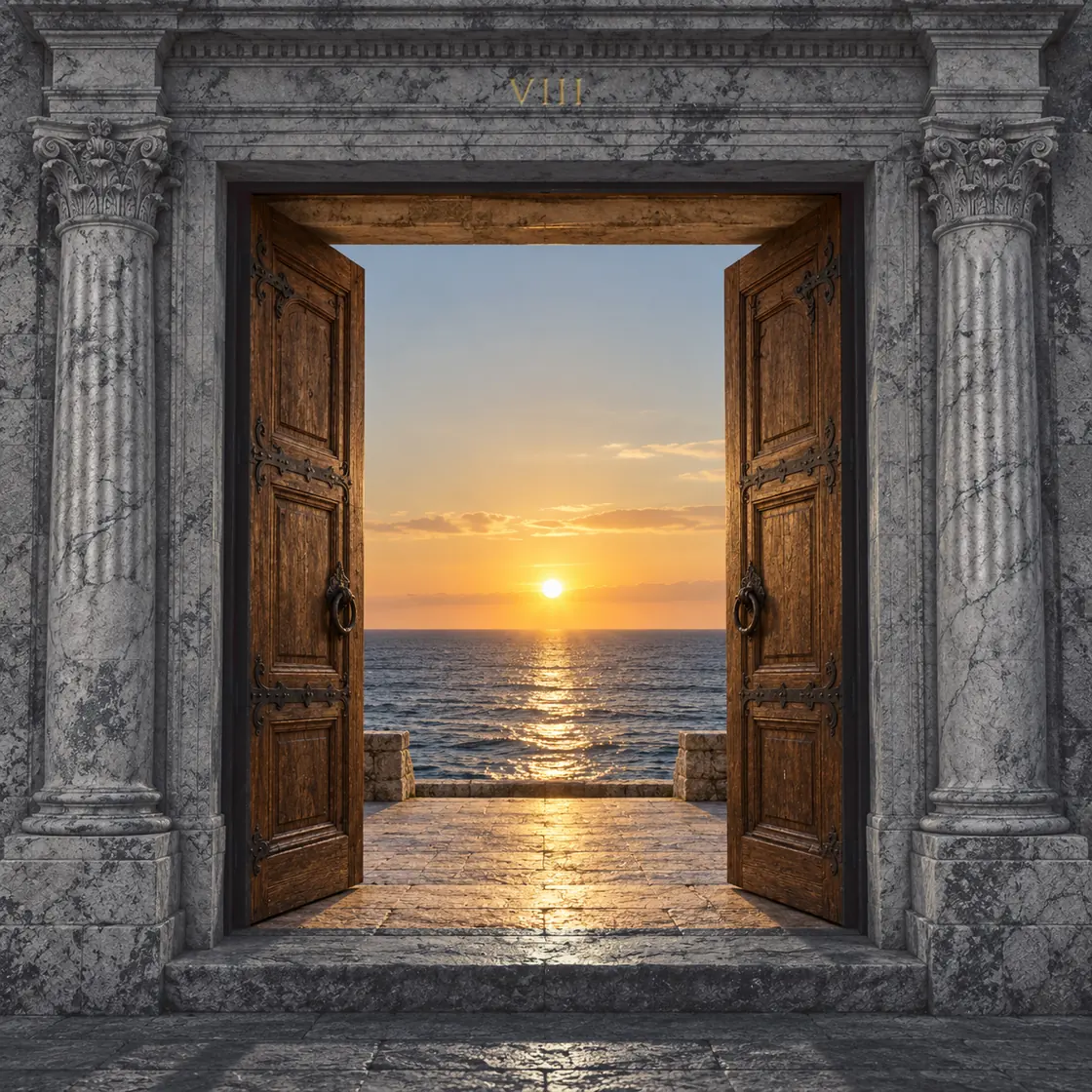 Puerta de dos hojas de madera en un portal de mármol gris con columnas estriadas; abierta, da al mar, con el sol poniéndose sobre el horizonte