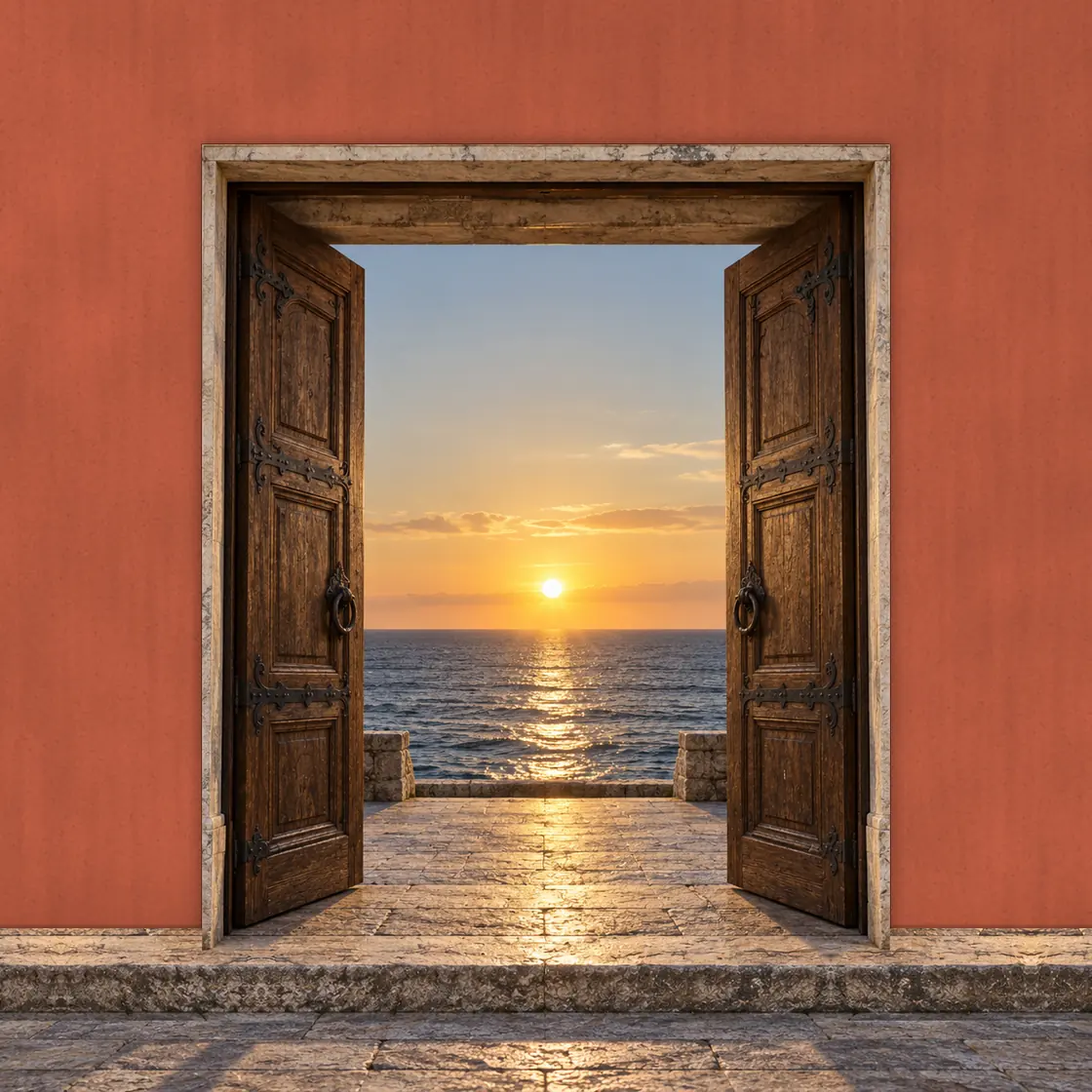 Puerta de dos hojas de madera en un marco fino de piedra, en un muro rojo; abierta, da al mar, con el sol poniéndose sobre el horizonte